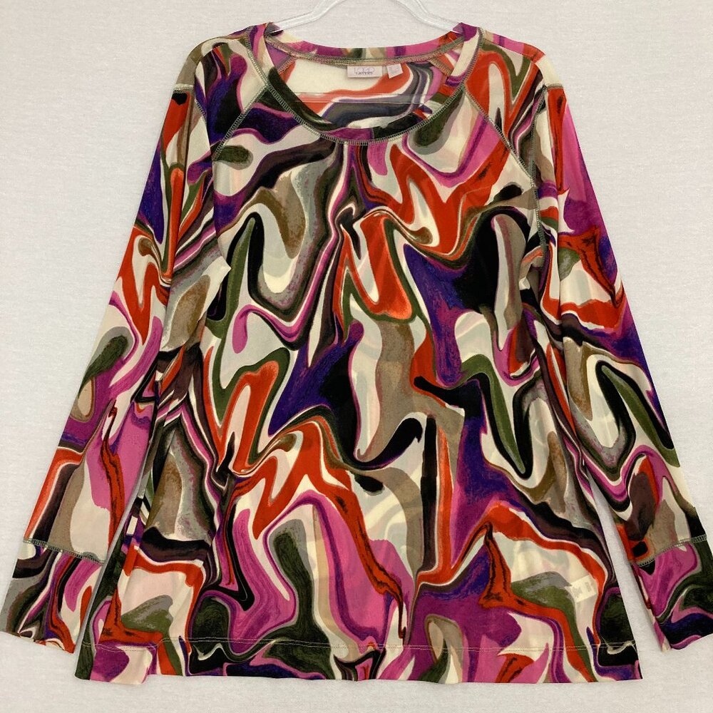 Logo Lori Goldstein Abstract Swirl Sheer Stretch Long-Sleeve Top - Purple Multi